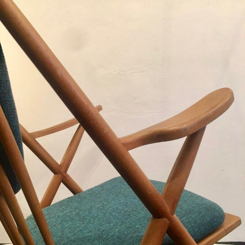 Vintage rocking chair for Bramin in blue fabric and wood 1960