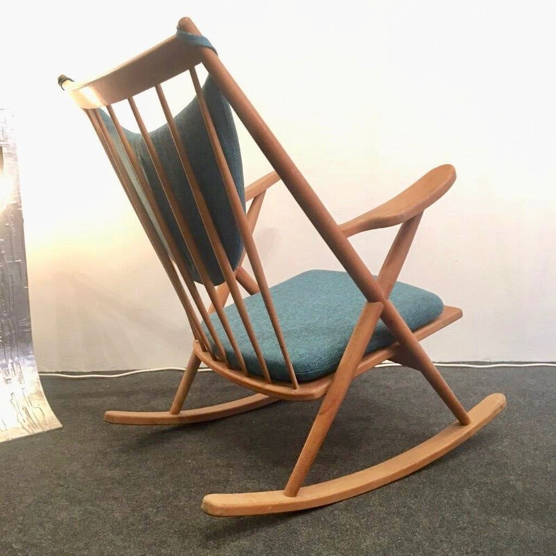 Vintage rocking chair for Bramin in blue fabric and wood 1960