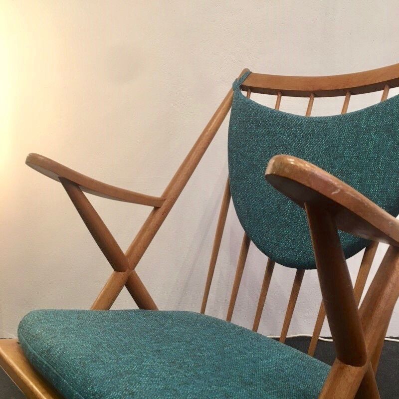 Vintage rocking chair for Bramin in blue fabric and wood 1960