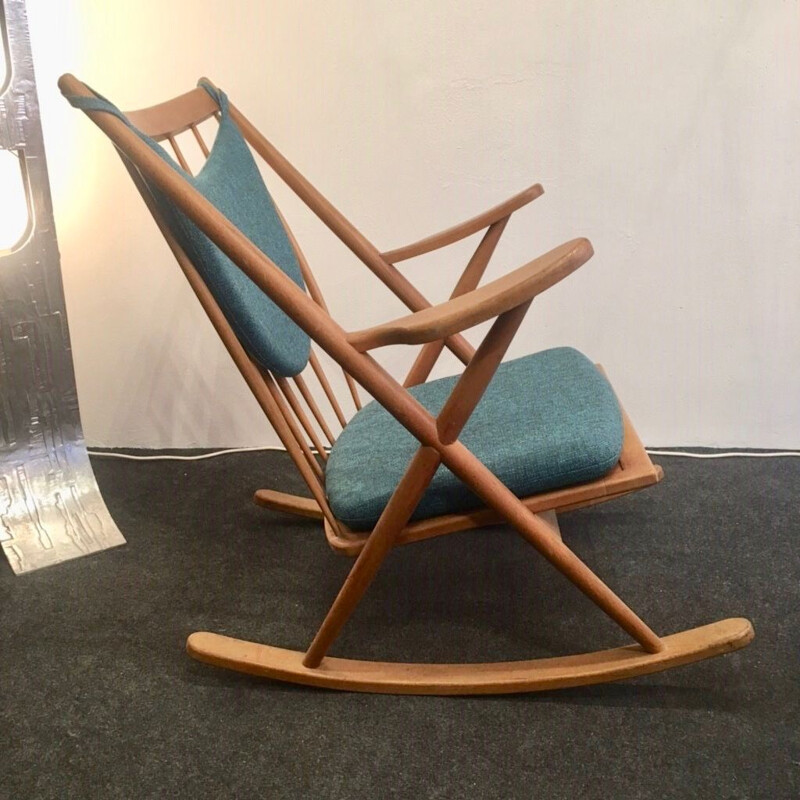Vintage rocking chair for Bramin in blue fabric and wood 1960