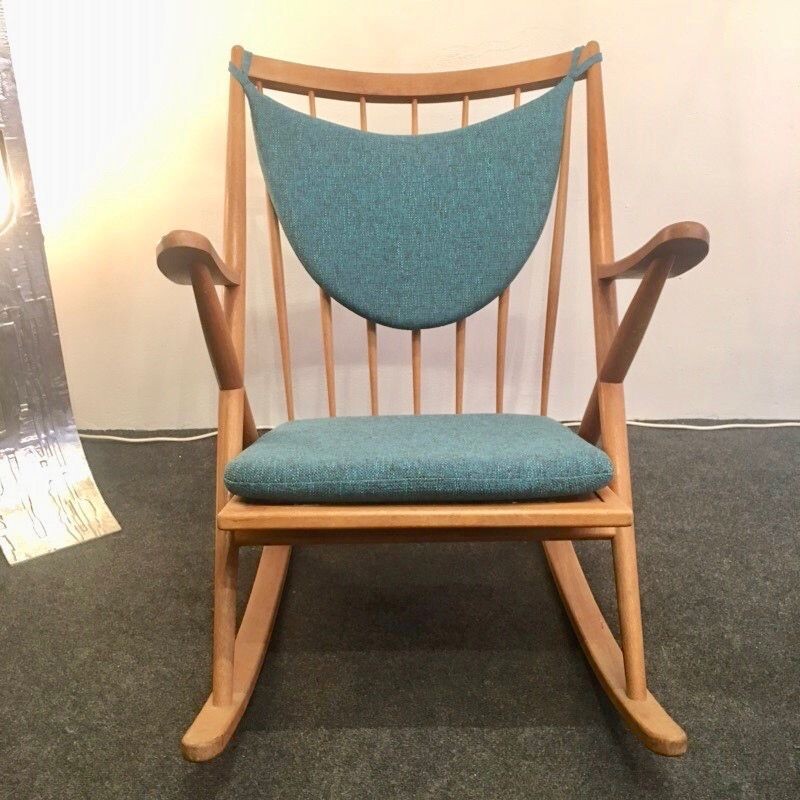 Vintage rocking chair for Bramin in blue fabric and wood 1960