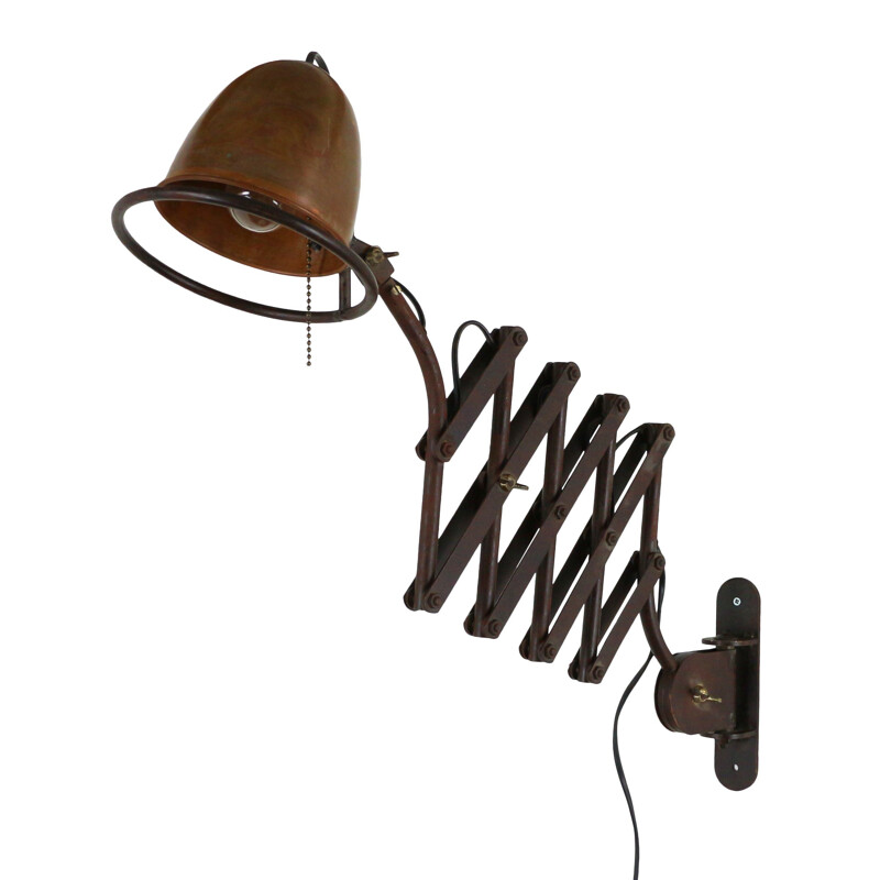 Vintage industrial scissor wall light in metal and copper 1980