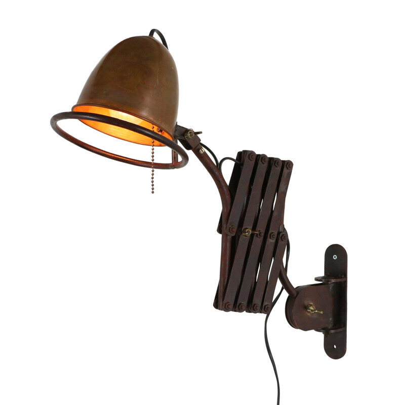 Vintage industrial scissor wall light in metal and copper 1980