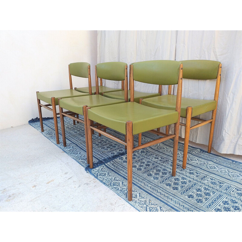 Set of 6 vintage scandinavian chairs in teak and green leatherette 1960