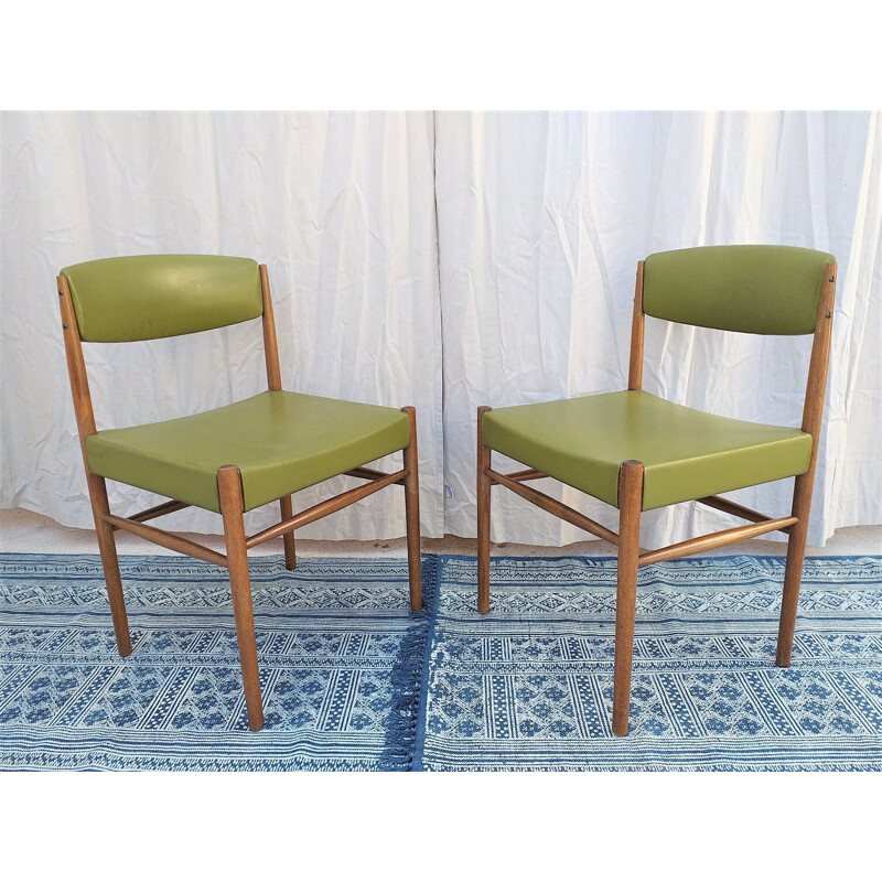 Set of 6 vintage scandinavian chairs in teak and green leatherette 1960