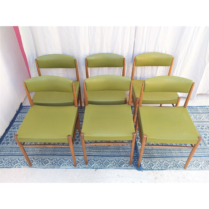 Set of 6 vintage scandinavian chairs in teak and green leatherette 1960