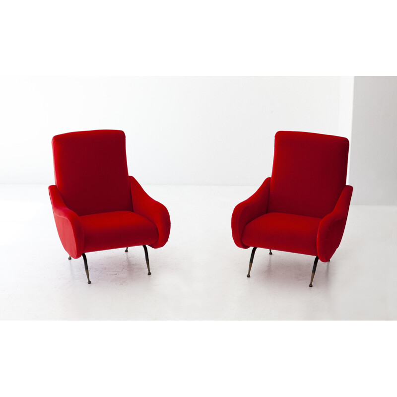 Pair of vintage italian armchairs in red velvet and brass 1950