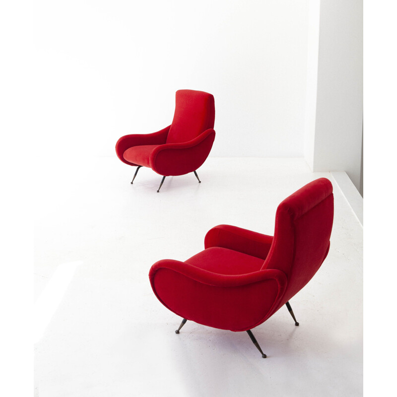 Pair of vintage italian armchairs in red velvet and brass 1950