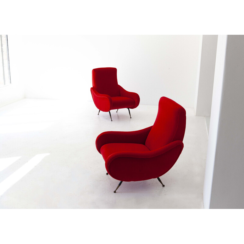 Pair of vintage italian armchairs in red velvet and brass 1950