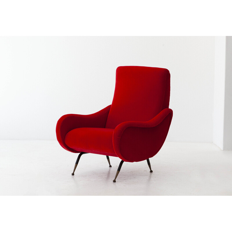 Pair of vintage italian armchairs in red velvet and brass 1950