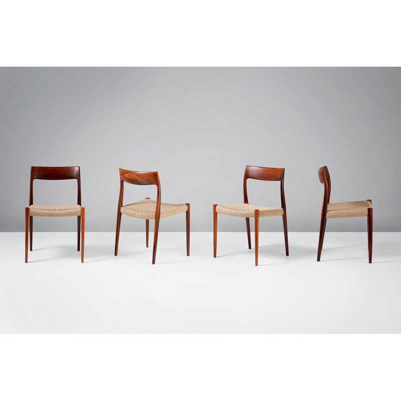 Set of 8 vintage 77 chairs for Moller in rosewood and papercord