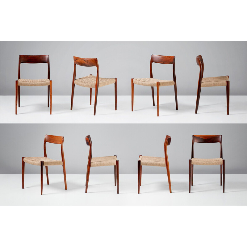 Set of 8 vintage 77 chairs for Moller in rosewood and papercord