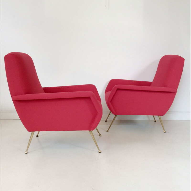 Pair of vintage armchairs in light red fabric and brass, Italian 1950