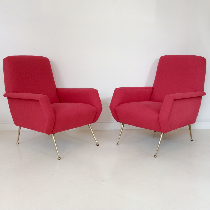 Pair of vintage armchairs in light red fabric and brass, Italian 1950