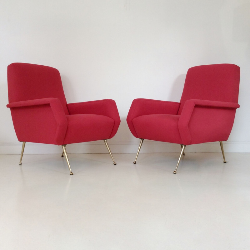Pareja de sillones vintage en tela rojo claro y latón, Italia 1950