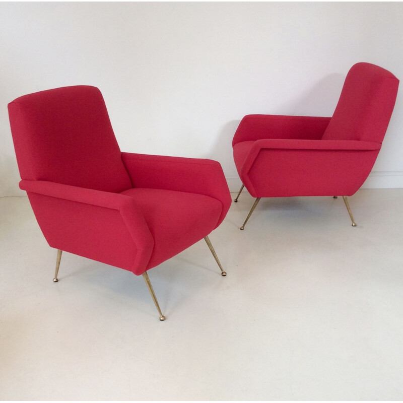 Paire de fauteuils vintage en tissu rouge clair et laiton, Italie 1950