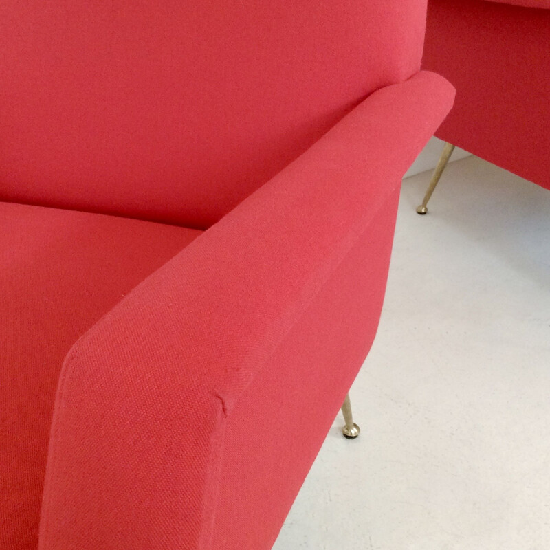 Pair of vintage armchairs in light red fabric and brass, Italian 1950