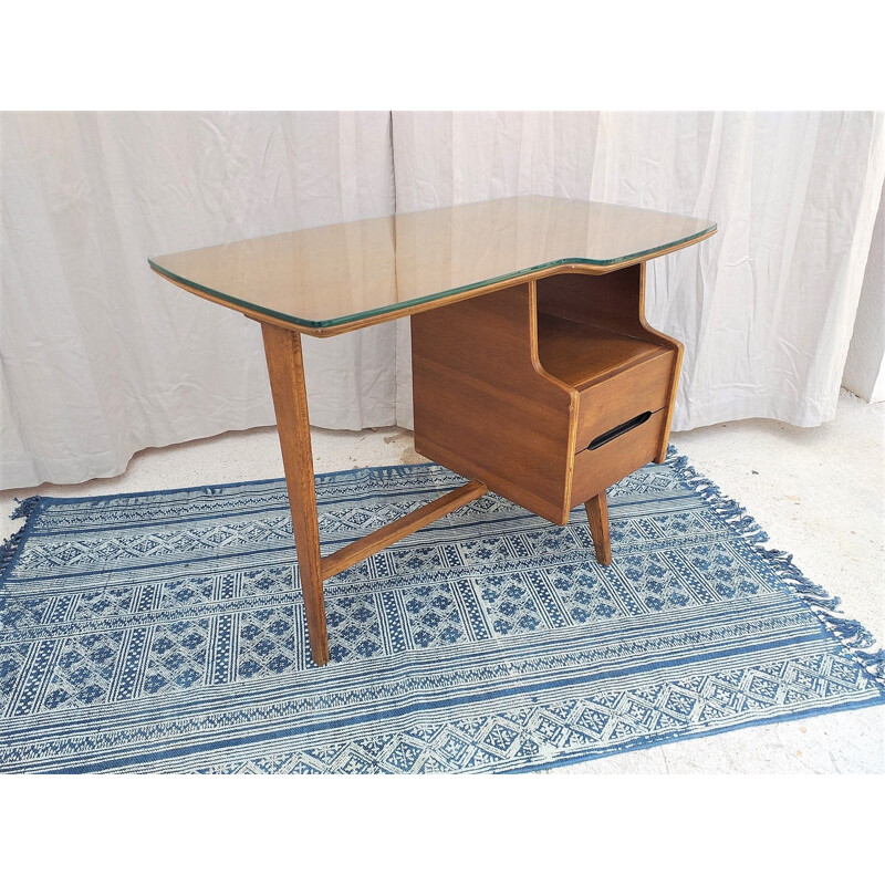 French oakwood vintage by Jacques Hauville desk 1950