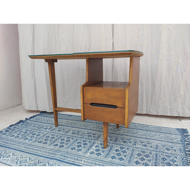 French oakwood vintage by Jacques Hauville desk 1950