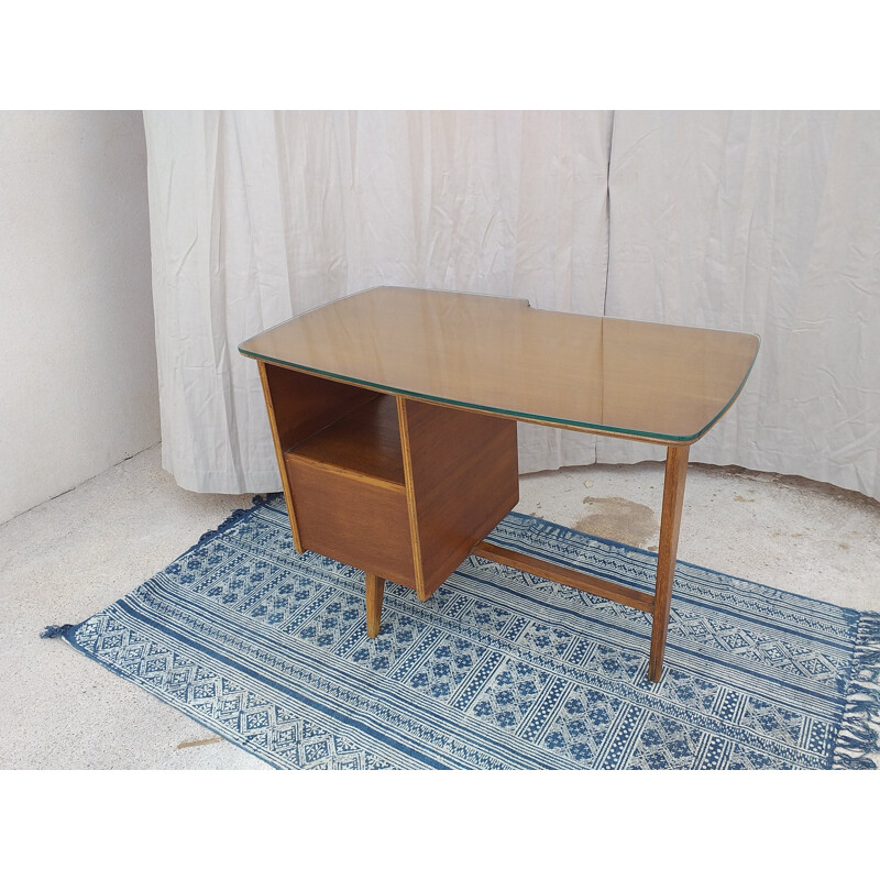 French oakwood vintage by Jacques Hauville desk 1950
