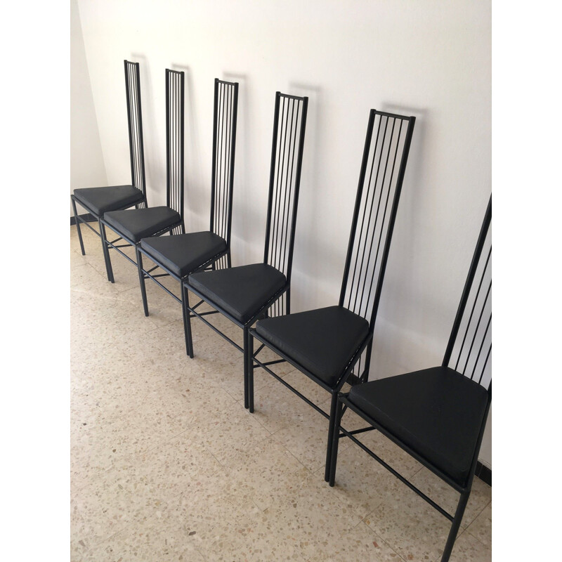 Suite de 6 chaises vintage françaises en métal noir 1980