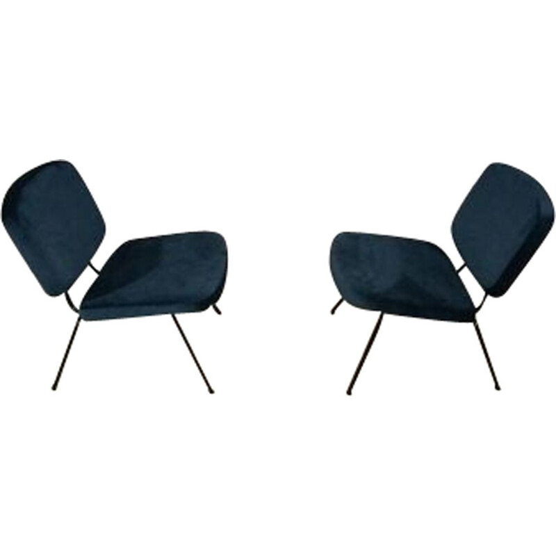 Pair of vintage CM 190 armchairs by Paulin for Thonet in blue fabric