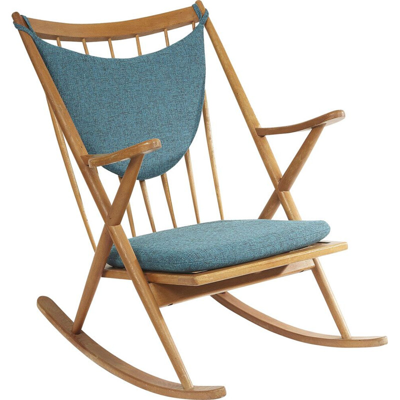 Fauteuill à bascule vintage pour Bramin en tissu bleu et bois 1960