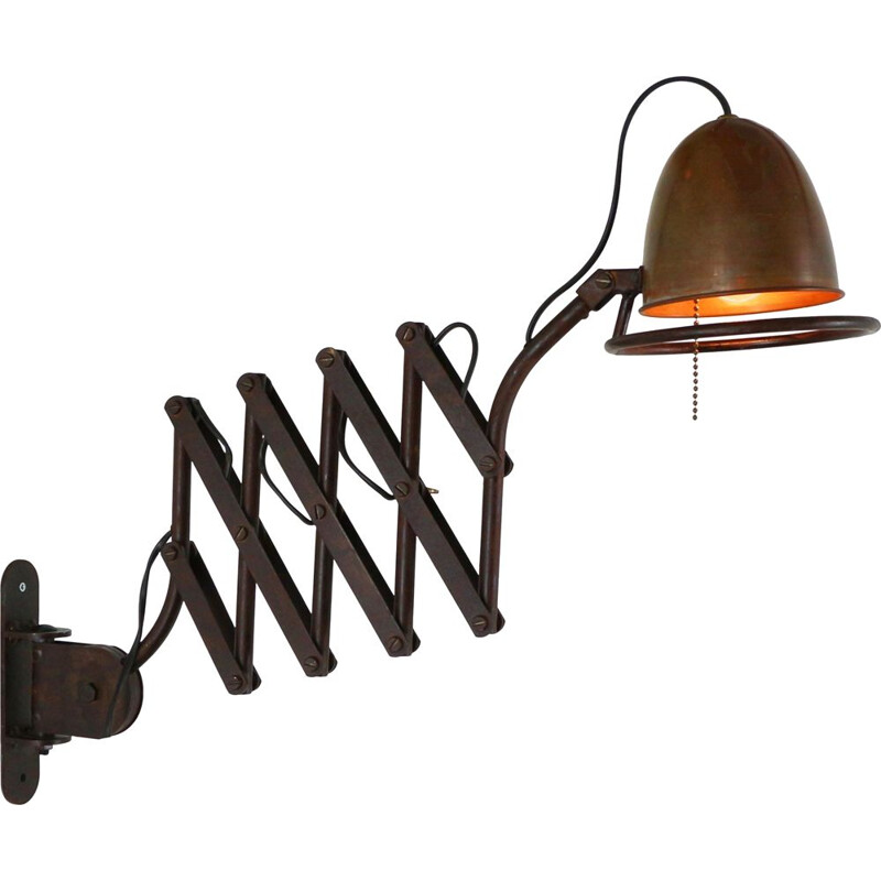 Vintage industrial scissor wall light in metal and copper 1980