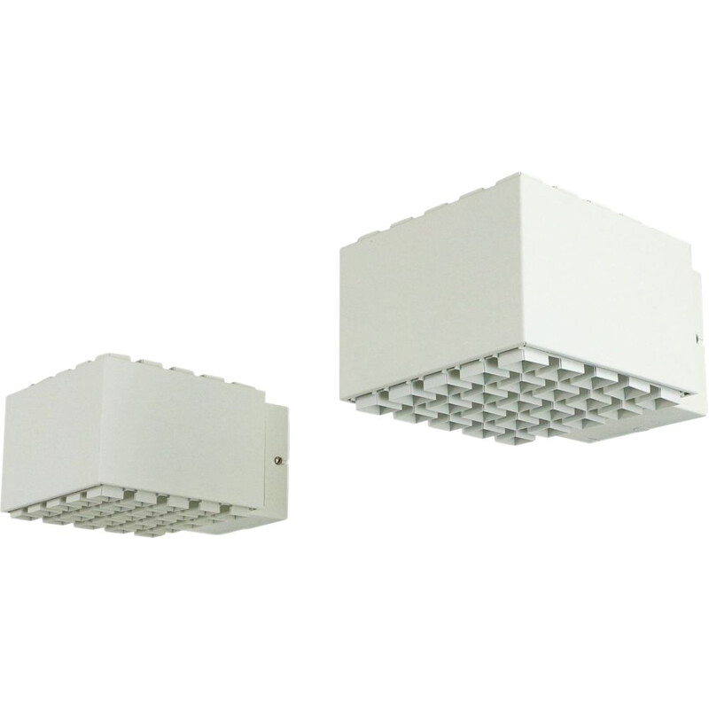 Pair of vintage cubistic wall lights by Philips in white metal 1970