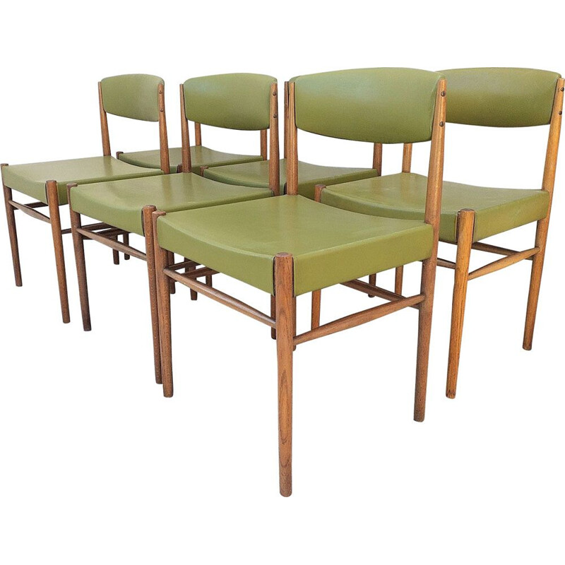 Set of 6 vintage scandinavian chairs in teak and green leatherette 1960