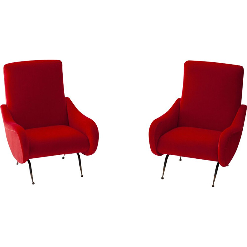Pair of vintage italian armchairs in red velvet and brass 1950