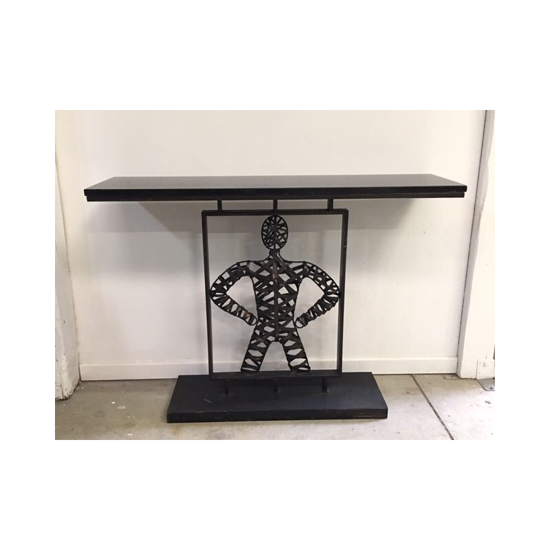 French vintage console table in marble and black metal 1990