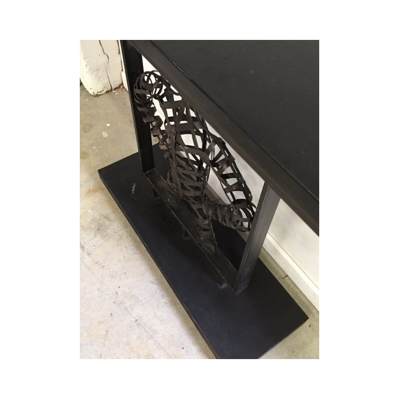 French vintage console table in marble and black metal 1990