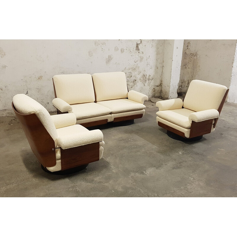 Vintage french living room for Coulon in white wool and rosewood 1960