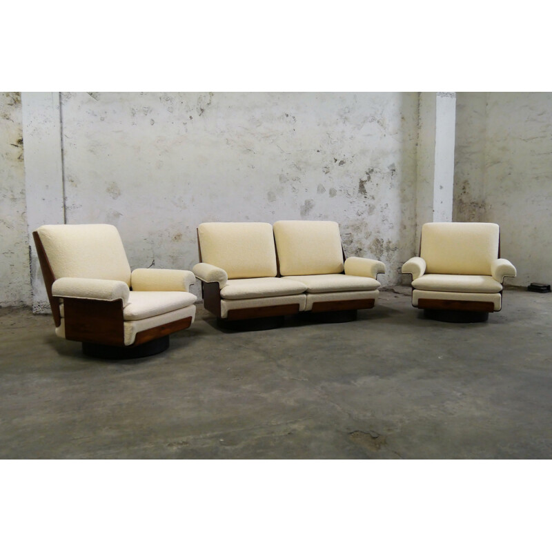 Vintage french living room for Coulon in white wool and rosewood 1960