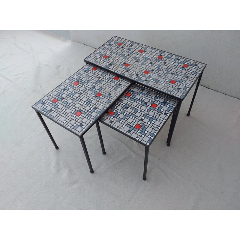 Vintage belgian nesting tables in blue and red ceramics and iron 1960