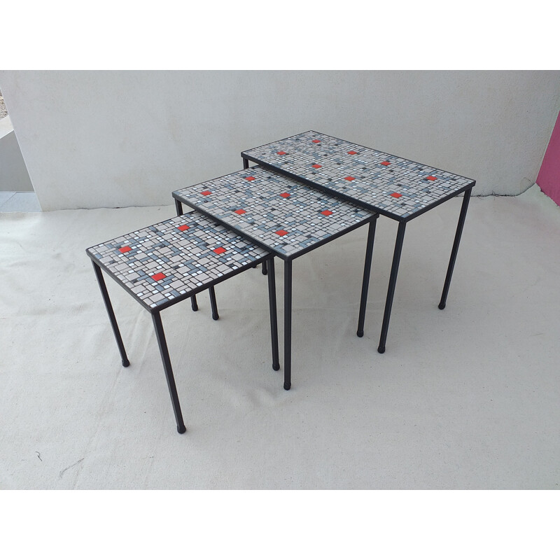Vintage belgian nesting tables in blue and red ceramics and iron 1960