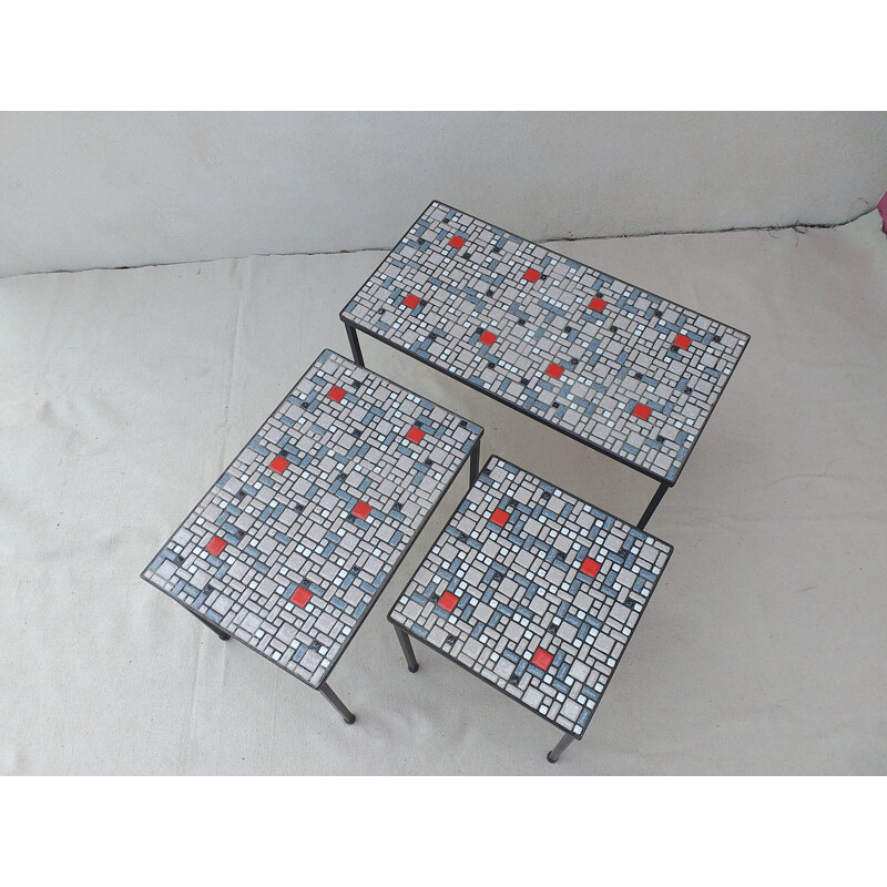 Vintage belgian nesting tables in blue and red ceramics and iron 1960