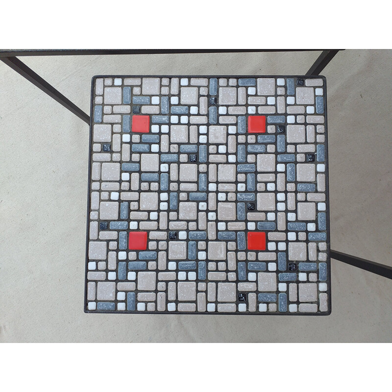 Vintage belgian nesting tables in blue and red ceramics and iron 1960