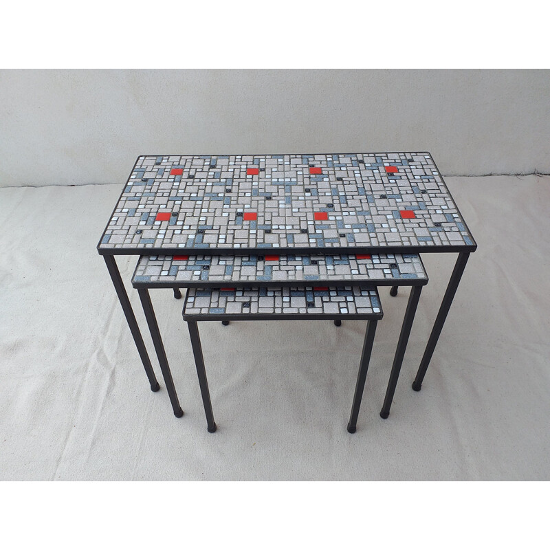 Vintage belgian nesting tables in blue and red ceramics and iron 1960