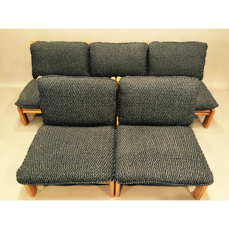 Set of 5 vintage armchairs modular in oak, Scandinavian 1960s