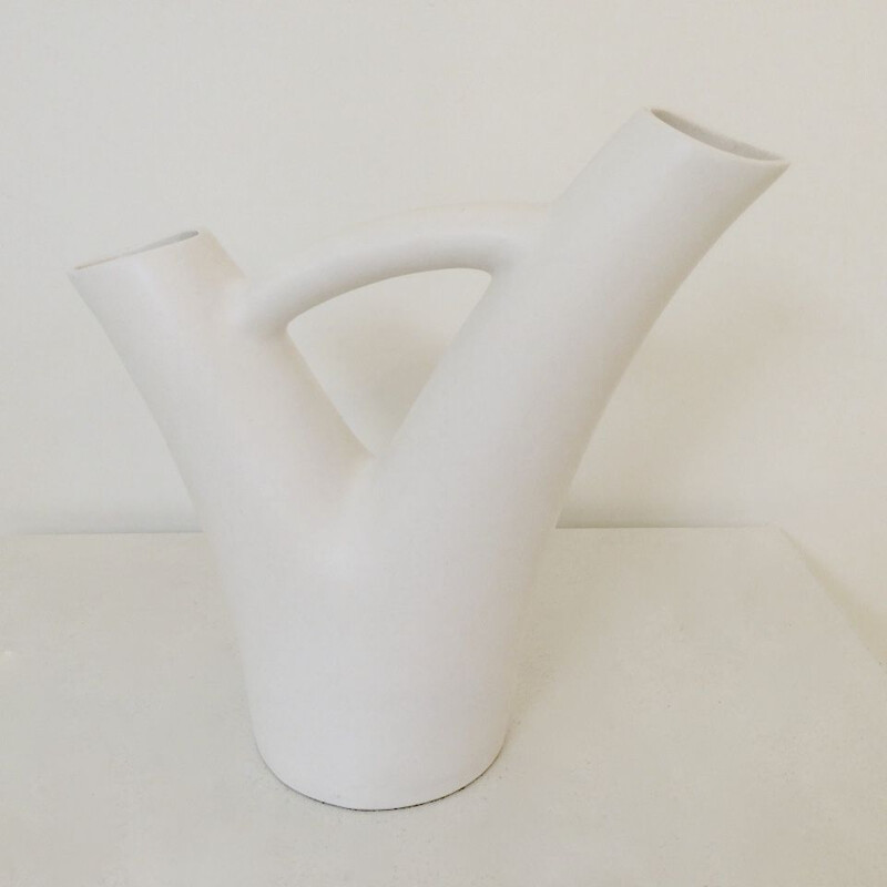 Vintage vase two necks in white ceramic by André Baud, circa 1950s, France