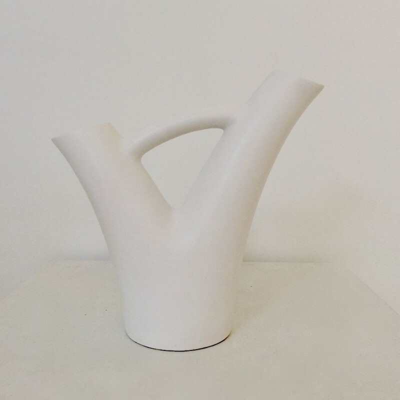 Vintage vase two necks in white ceramic by André Baud, circa 1950s, France