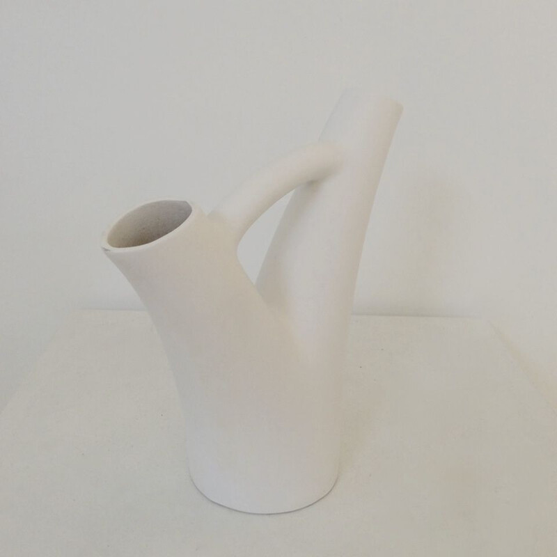 Vintage vase two necks in white ceramic by André Baud, circa 1950s, France