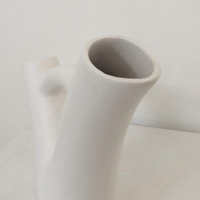 Vase vintage à deux cols en céramique blanche par André Baud, circa 1950, France