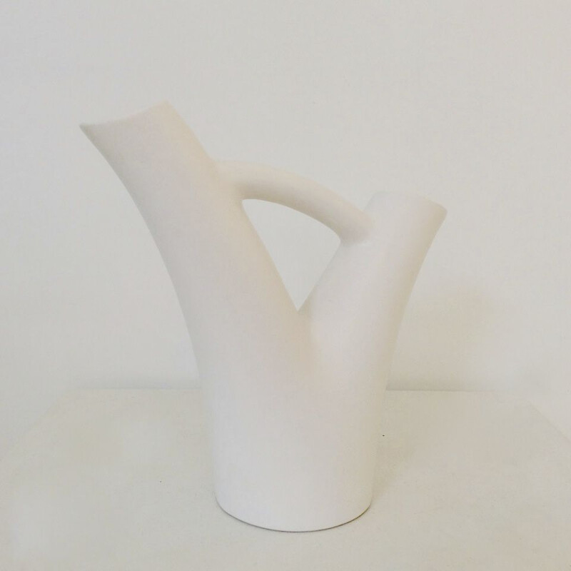 Vintage vase two necks in white ceramic by André Baud, circa 1950s, France