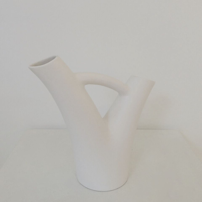 Vintage vase two necks in white ceramic by André Baud, circa 1950s, France