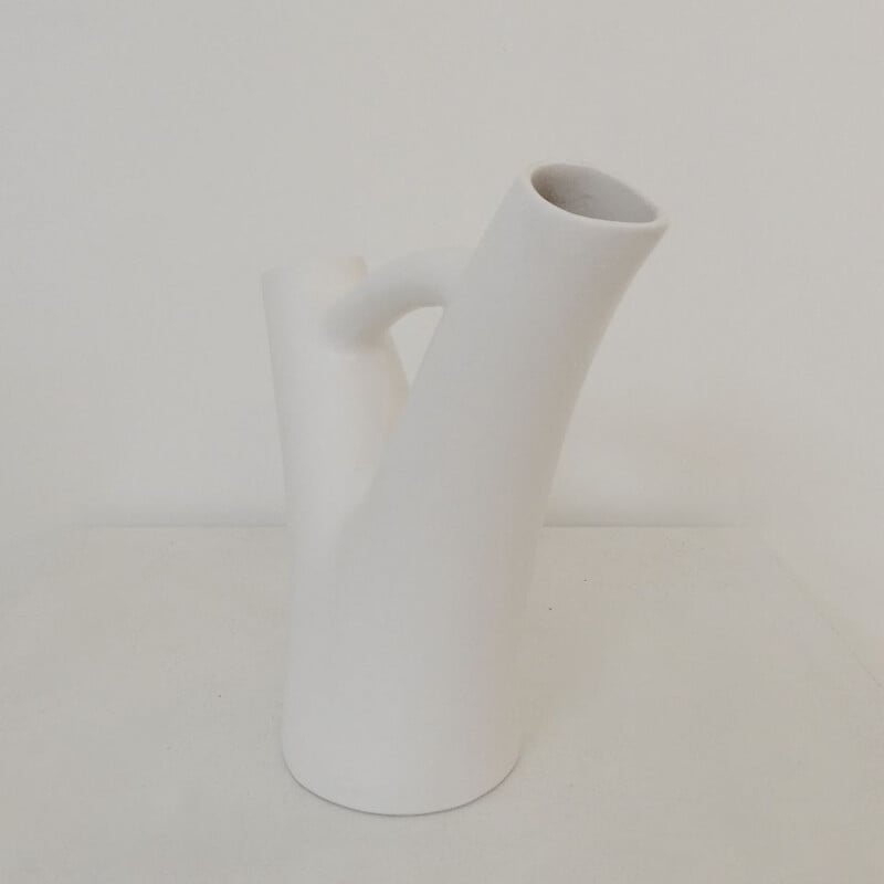Vase vintage à deux cols en céramique blanche par André Baud, circa 1950, France