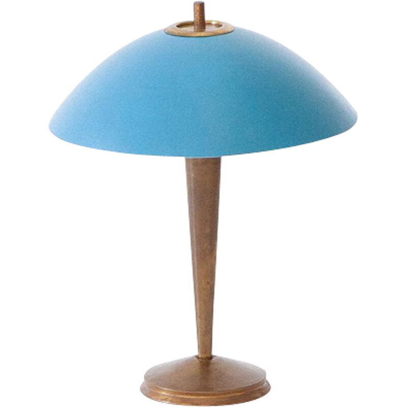 Vintage blue table lamp in brass and metal 1950