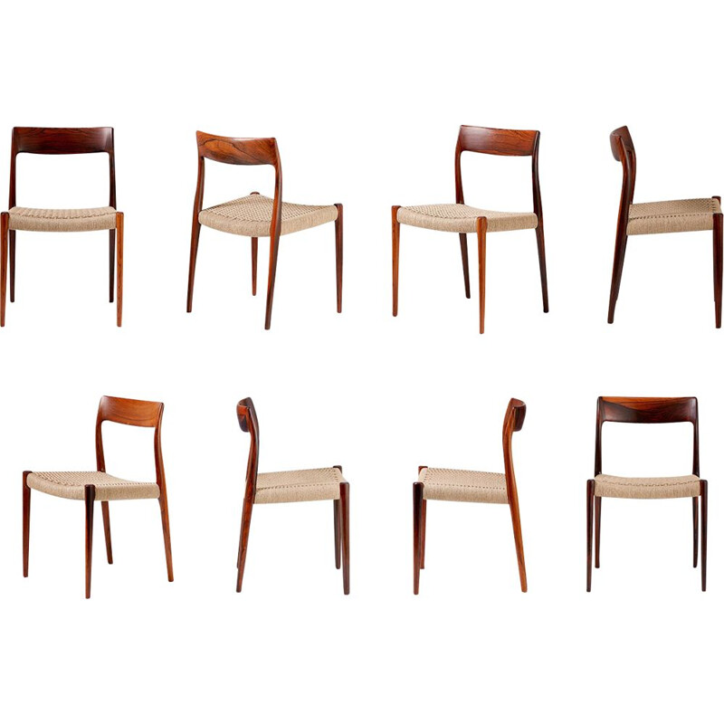 Set of 8 vintage 77 chairs for Moller in rosewood and papercord
